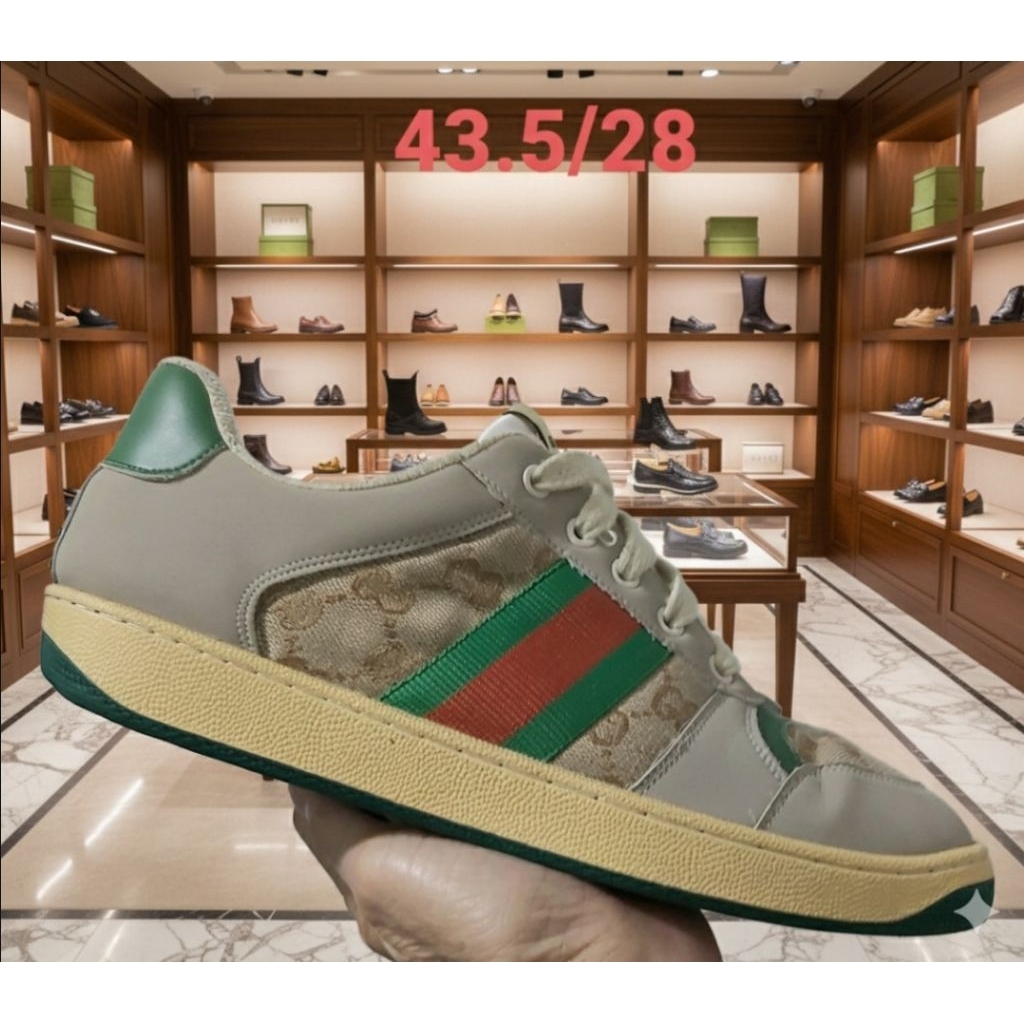 💢Gucci Screener แท้ รองเท้าผ้าใบชาย มือสอง เบา พื้นเย็บ ทน 43.5/28 สภาพ 8/10