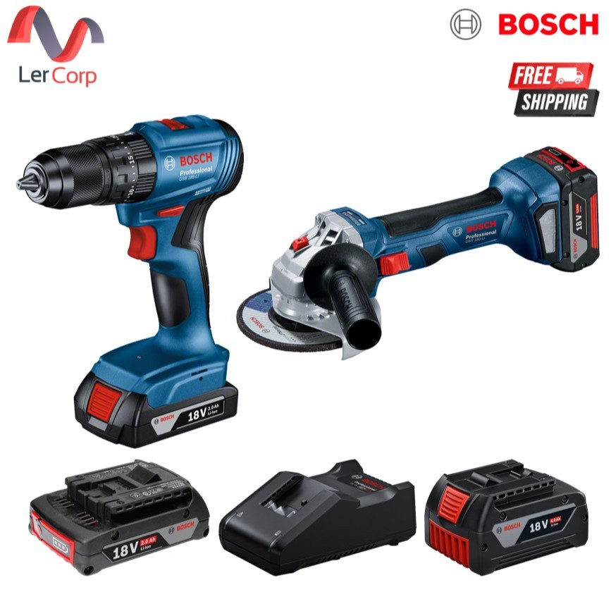 (Bosch PT) ชุดคอมโบ GSB 185-Li + GWS 180 + แบตเตอรี่ GBA 18V 2.0Ah + GBA 18V 4.0Ah + GAL 18V-40 Prof