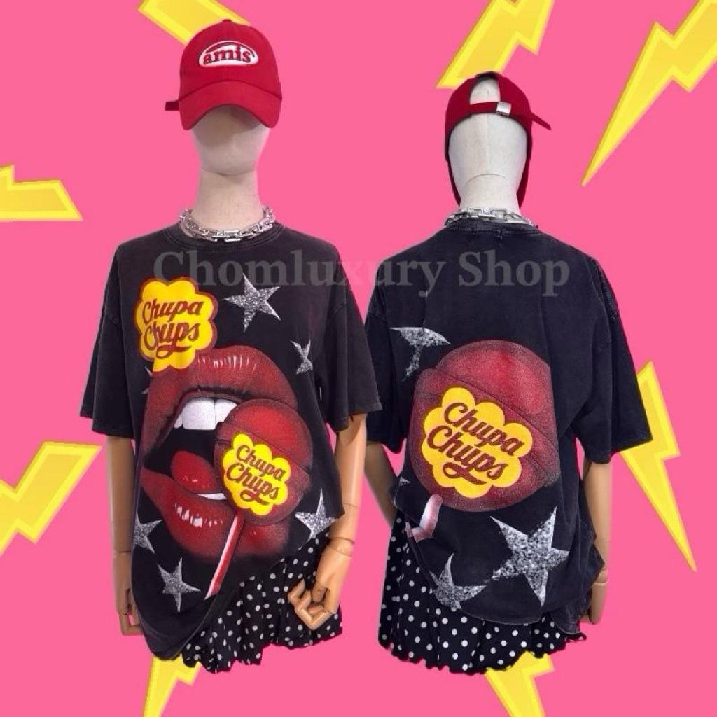 'ꫛꫀꪝ ' เสื้อยืดลายอมยิ้มจุ๊บเปอร์จุ๊บ กลิตเตอร์ ผ้าฟอก อก 44-46 ผ้านิ่มใส่สบาย สกีนสวยคมชัด