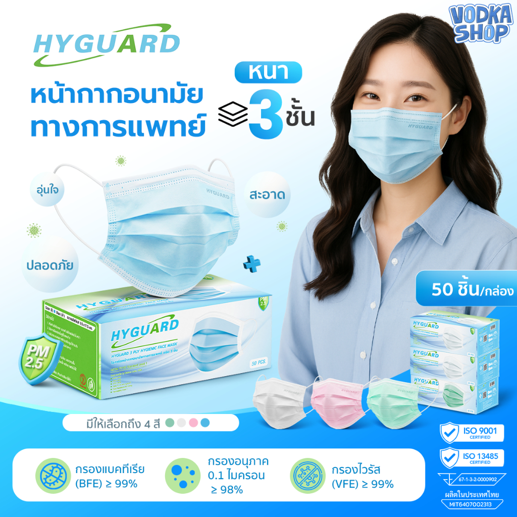 HYGUARD mask แมส pm2.5 หน้ากากอนามัยทางการแพทย์ 3 ชั้น เด็ก/ผู้ใหญ่ ป้องกันฝุ่นPM2.5 (50ชิ้น/กล่อง)
