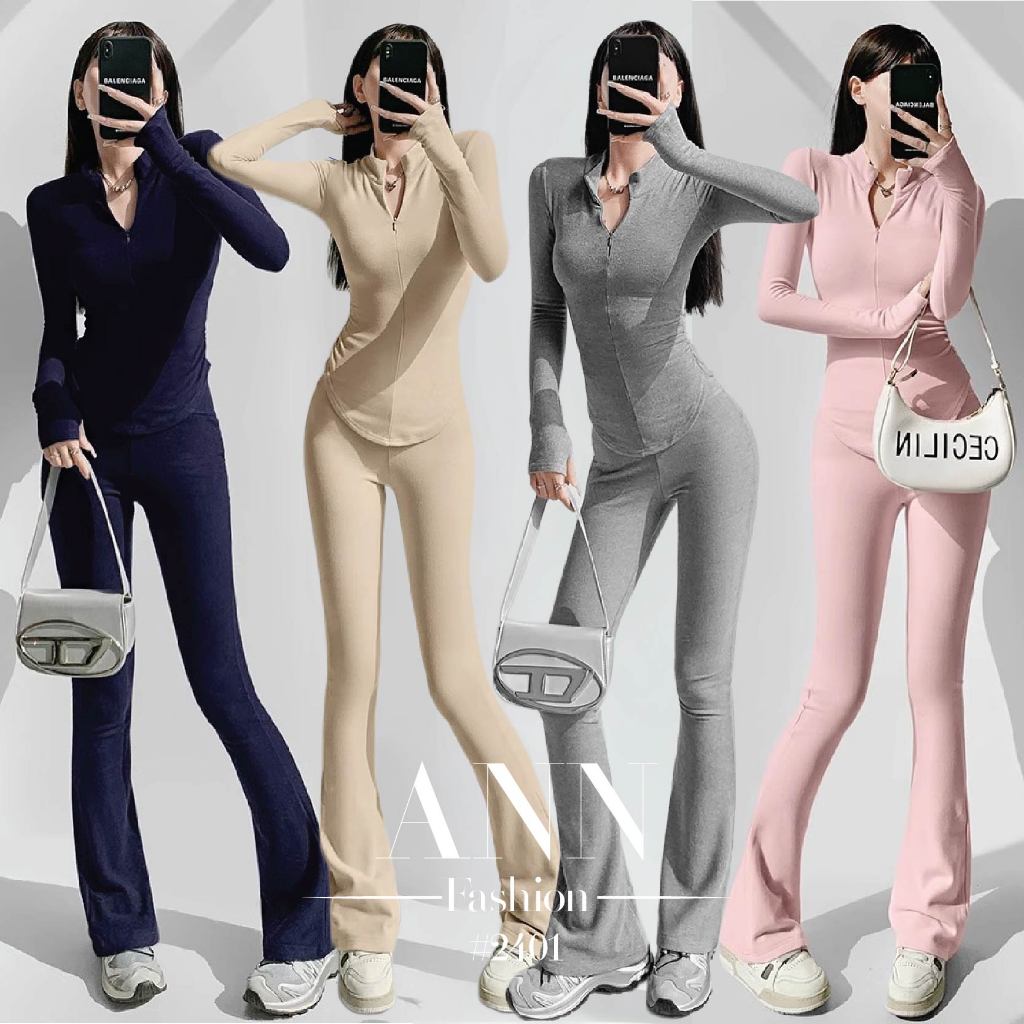 เซ็ต2ชิ้น ชุดโยคะ สีดำ เสื้อคอปกตั้ง แขนยาวซิปหน้า สม็อคยางยืดลำตัว ชายโค้ง + กางเกงขากระดิ่งเอวสูง #2401