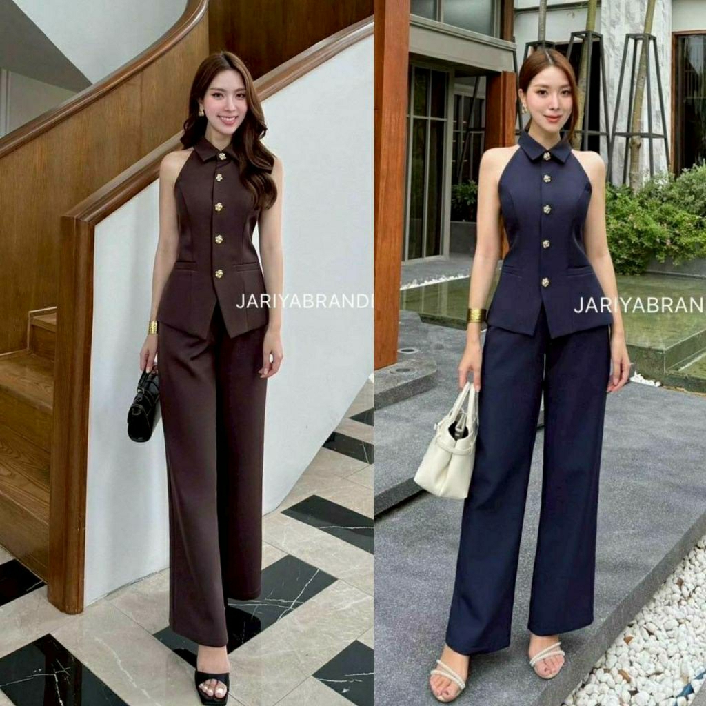 (S-XL) Jariya  📣พร้อมส่งชุดเซ็ท2ชิ้นเสื้อแขนกุดคอปกกระดุมดอกไม้สีทอง+กางเกงขายาวทรงสวยใส่ทำงานออกงาน