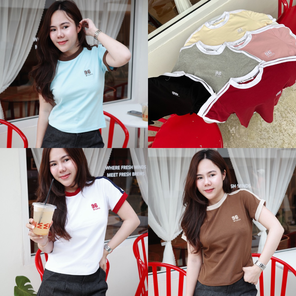 96 | ANONA เสื้อยืดแขนสั้นแต่งแถบ🍒พร้อมส่ง