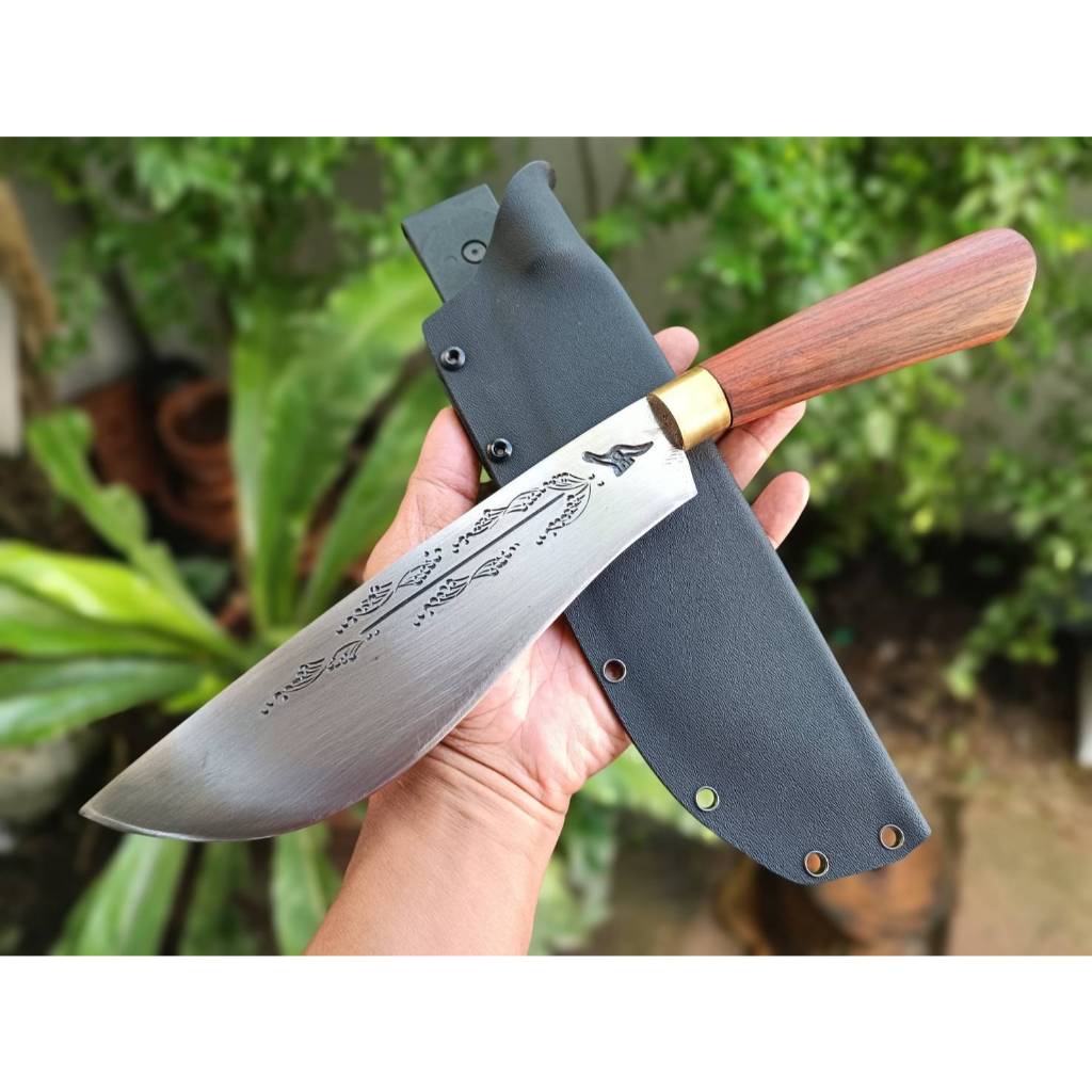 มีดเหน็บ มีดแคมป์ อีเหน็บ E-nep มีดหมอ มีดเดินป่า ใบ 8.5” เหล็กตลป. ตีร้อนตอกลาย ด้ามไม้ชิงชัน คอทอง