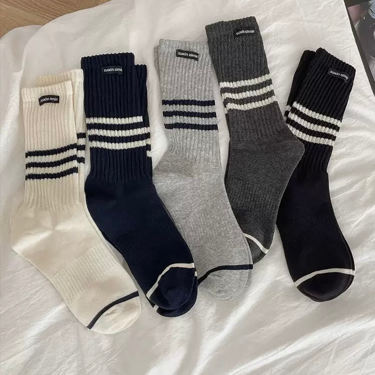 ONEIMO🍑 ถุงเท้า ข้อกลางยาว ผ้าฝ้าย ทรงหยัก ผ้าดี รุ่น Suxin Wavy Strip ✨พร้อมส่ง