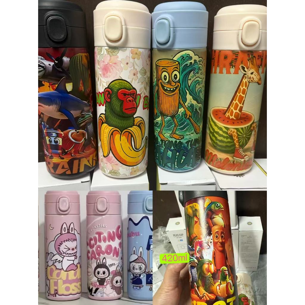 ขวดน้ำ มีหูหิ้ว วัสดุสแตนเลส 304 แถมหลอด 420ml เก็บความร้อนความเย็น LL420