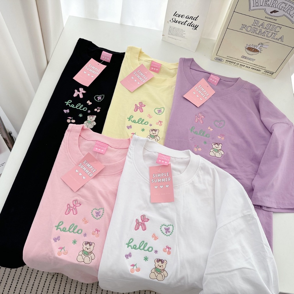S366 เสื้อยืด oversize ผ้าคอตตอน ปัก hello ลูกโป่ง น้องหมี