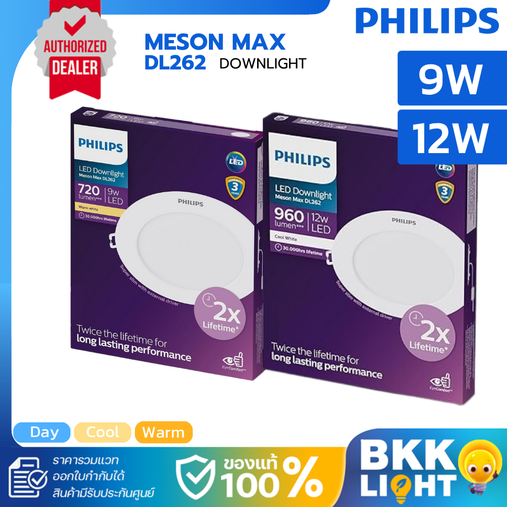 PHILIPS โคมไฟฝังฝ้า LED MESON MAX DL262 9W 12W หน้ากลมสีขาว แสงขาว แสงขาวนวล แสงเหลือง Downlight