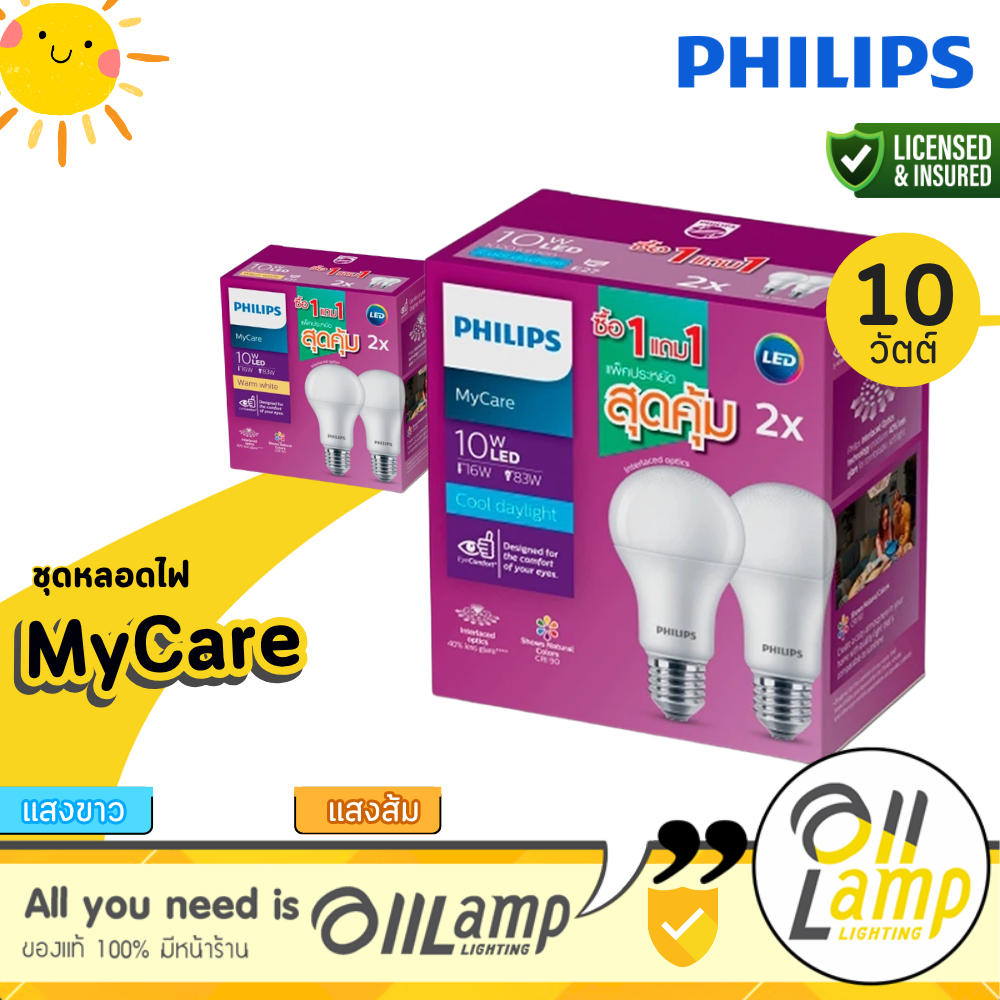 (แพ็ค2) PHILIPS MyCare หลอดไฟ LED 10W E27 3000K 6500K ออกใบกำกับภาษีได้