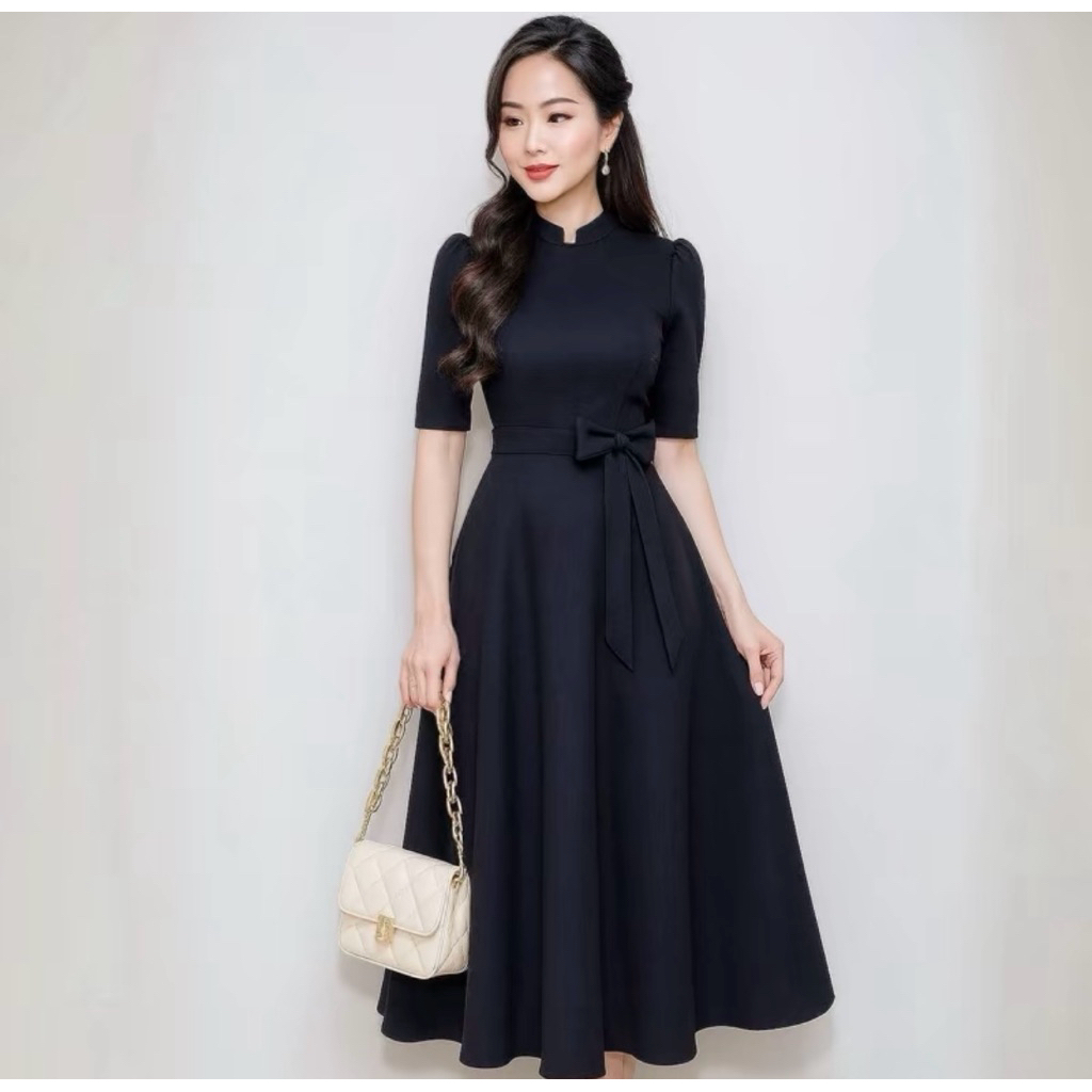 ชุดเดรสคอจิตรลดา แขนสามส่วนแต่งโบว์เอว ใส่ออกงานใส่ทำงานได้ ยาว43(สินค้าพร้อมส่ง)