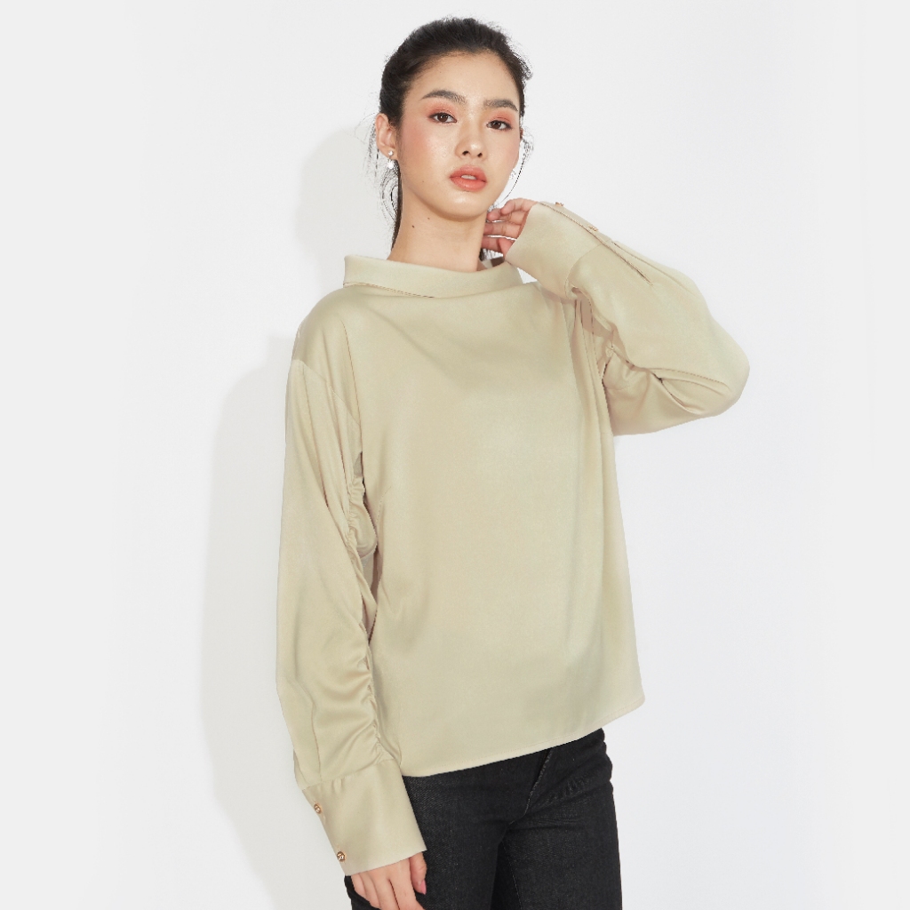 GSP Blouse เสื้อเบลาส์แขนยาว สีแชมเปญ คอตลบ ดีเทลจีบรูดช่วงแขน ST69BE