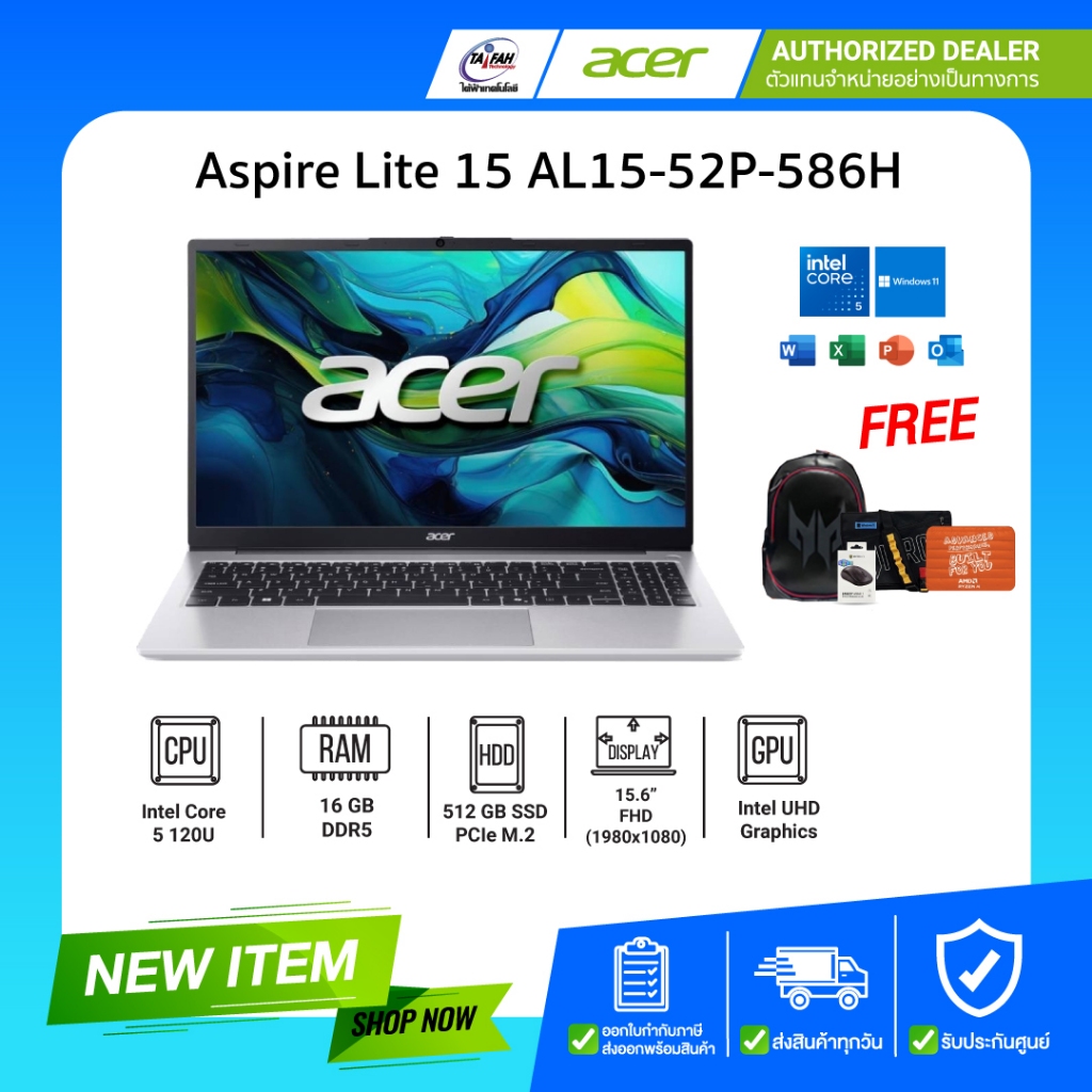Notebook Acer Aspire Lite 15 AL15-52P-586H Core 5 120U/ 16GB/ 512GB/ 15.6"/ Win11+Office2024/Light S