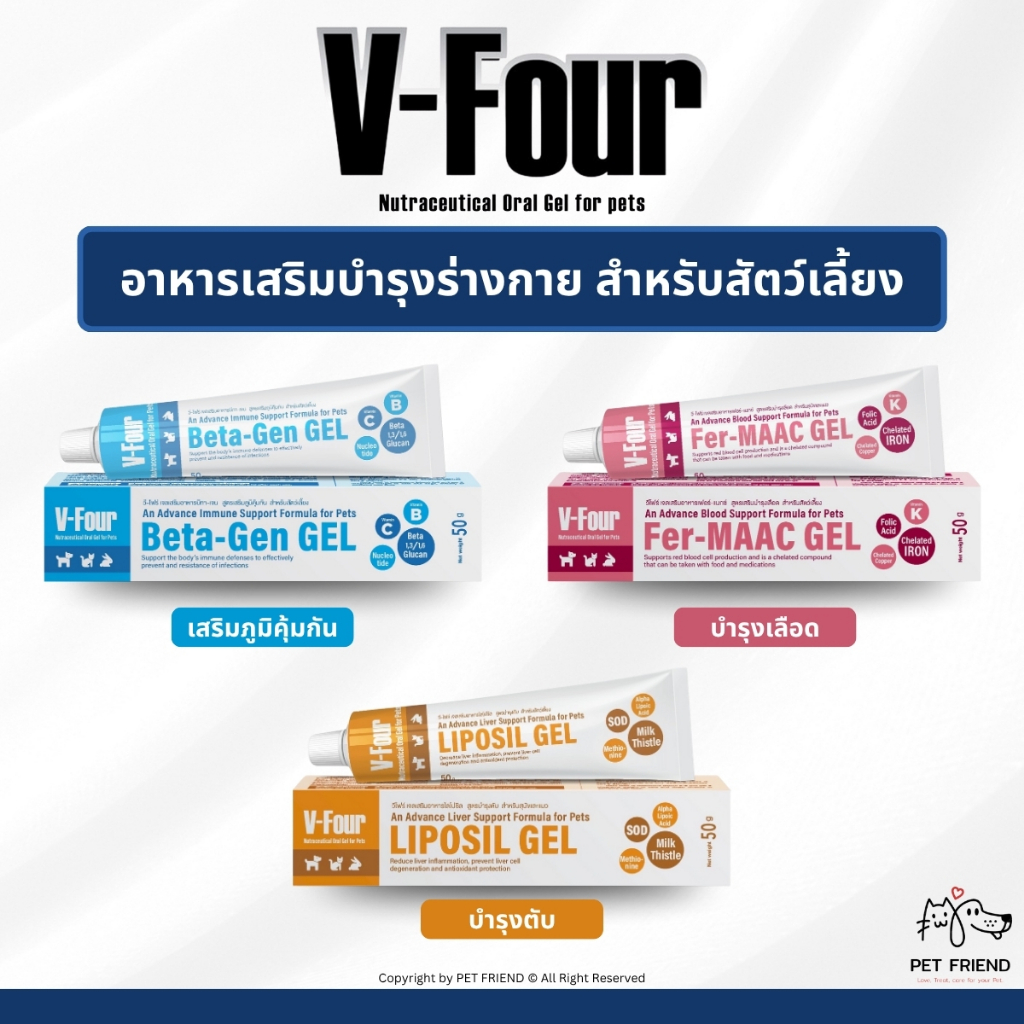 V-Four 🐱🐶 Beta-Gen GEL - LIPOSIL GEL - Fer-MACC GEL อาหารเสริมรูปแบบเจล กระตุ้นภูมิคุ้ม บำรุงตับ บำรุงเลือด 50 กรัม