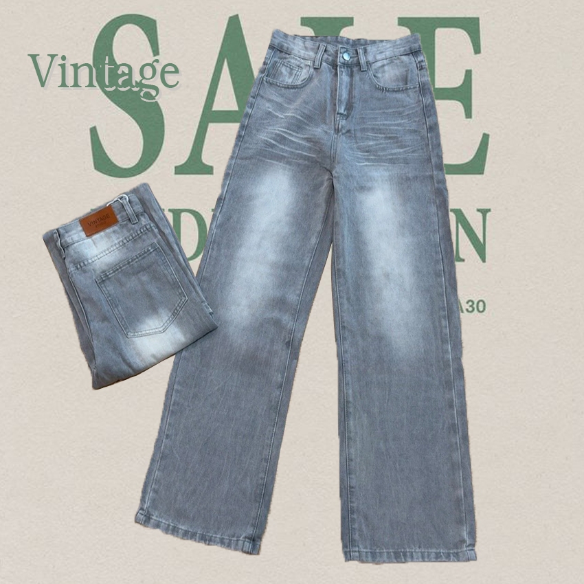 Vintage รุ่น 7221 กางเกงยีนส์ ทรงกระบอก เทานัว แต่งเฟดขา ทรงสวยผ้าไม่ยืด