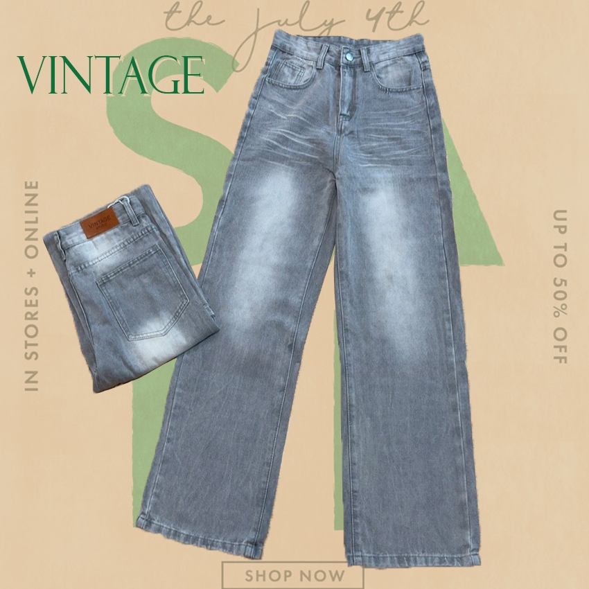 Vintage รุ่น 7221 กางเกงยีนส์ ทรงกระบอก เทานัว แต่งเฟดขา ทรงสวยผ้าไม่ยืด