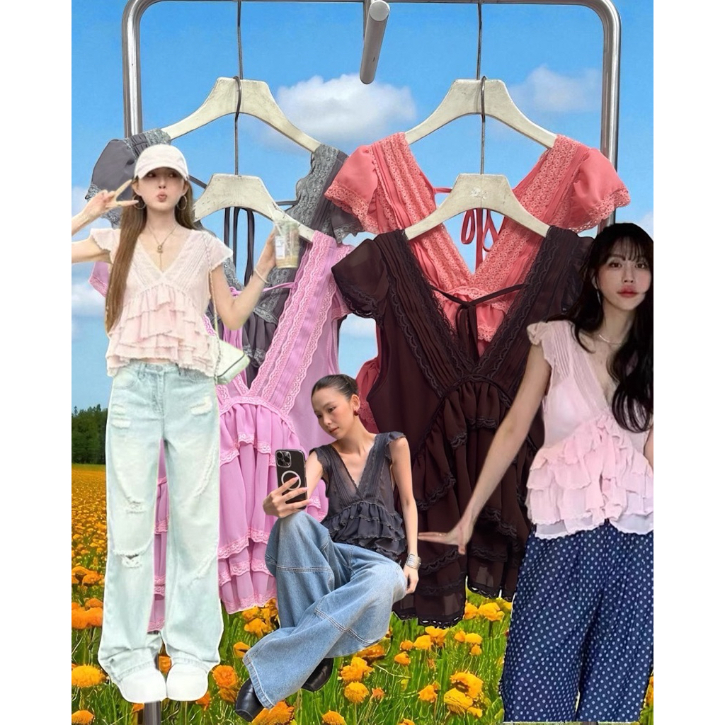 (470฿) มาเพิ่ม!! หวานละมุนเกินต้าน! ใส่แล้วสวยละลายทุกองศา เสื้อลูกไม้คอวี แต่งระบาย onseason