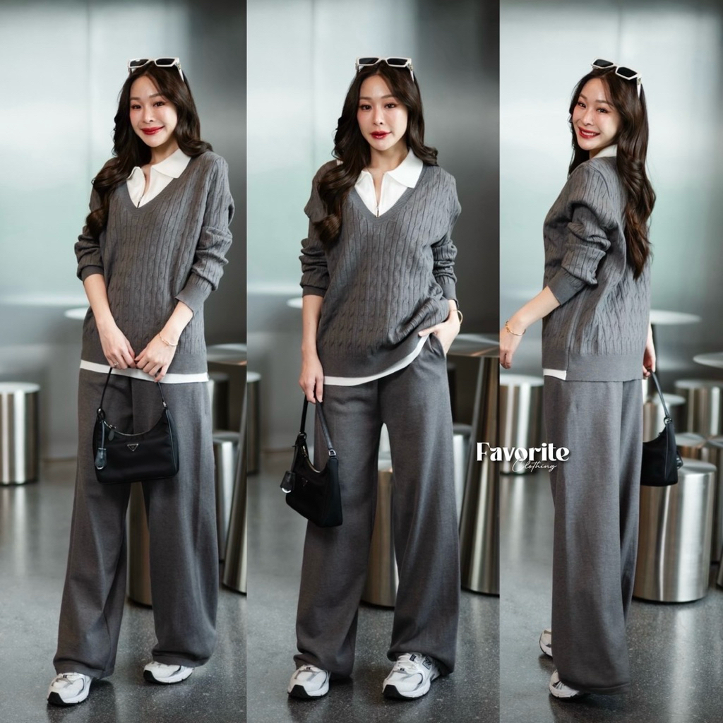 🌈🌿🌸🌺🌼🩶🤎🇰🇷 Knit 2Tone Patch White Zip Collar Long Sleeve Top&Long Pant Set