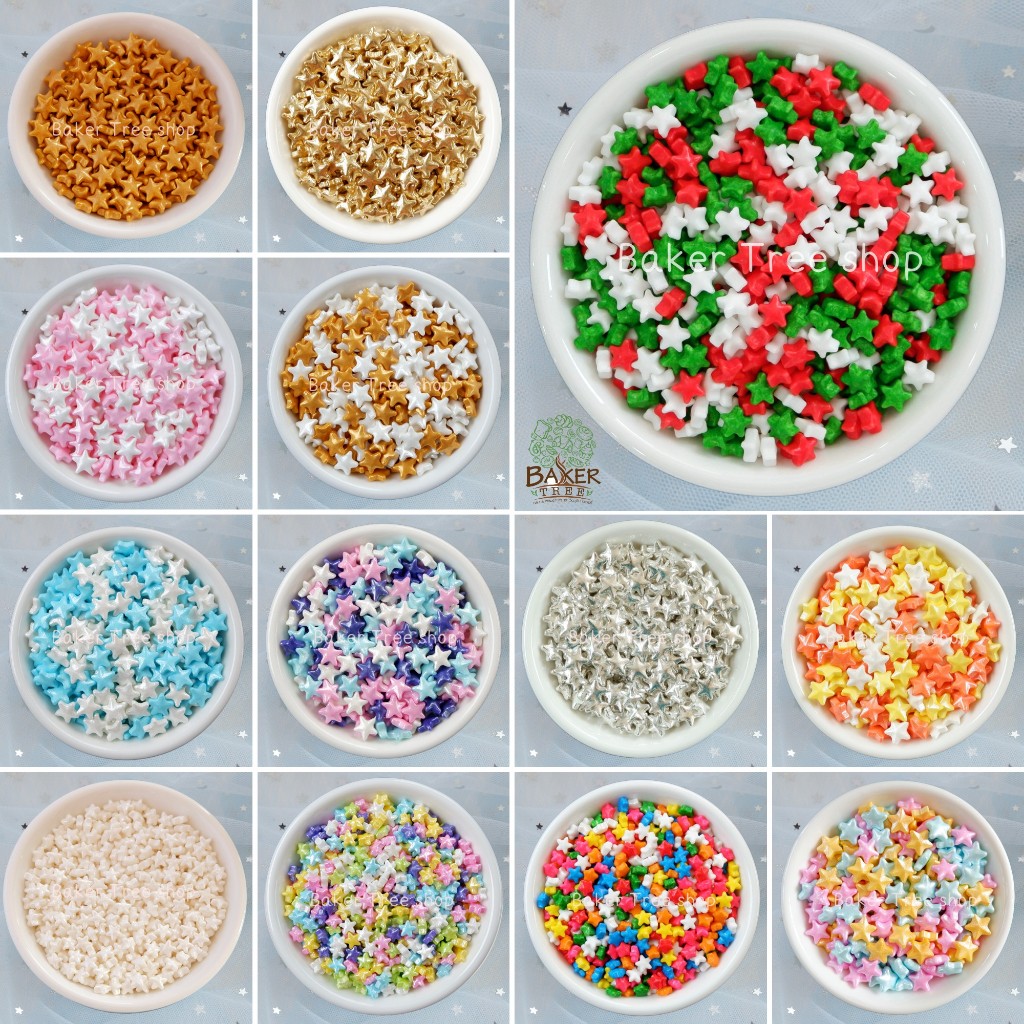 เม็ดมุกแต่งเค้ก รูปดาว ทานได้ สีสวย ขนาด 25 / 50 / 100 กรัม น้ำตาลแต่งเค้ก Sugar Sprinkles ของตกแต่งเค้ก