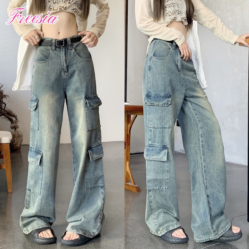 กางเกงยีนส์ผู้หญิง กางเกงยีนส์ขากระบอก ทรงวินเทจ มีกระเป๋าหลายใบ ทรงหลวม #9149