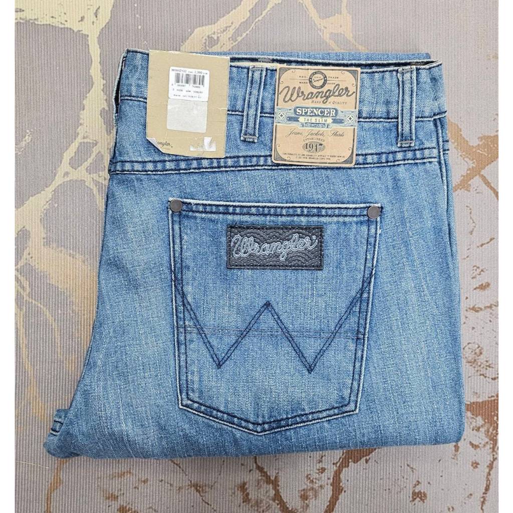 (เอว41) Wrangler Spencer ยีนส์ชาย ขากระบอกเล็ก ไม่ยืด  สียีนส์ฟอก แต่งขาดด้านหน้า  ของแท้จากSHOP
