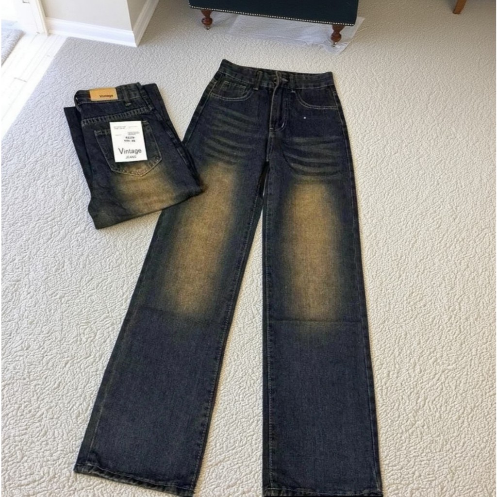 กางเกงยีนส์ขาตรงเอวสูง สไตล์วินเทจ Y2K สำหรับผู้หญิง ป้ายVintage ผ้าไม่ยืด เอฟเฟกต์กระชับสัดส่วน#32677