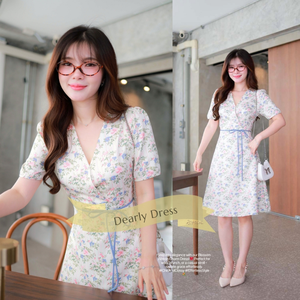 "Romi"Oil" Dearly Dress K322 ชุดเดรสสีครีม (คอป้ายมีเชือกผูกเอว)