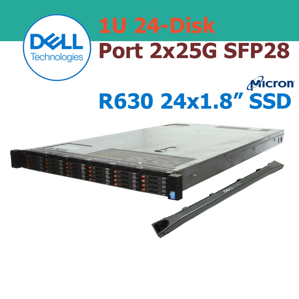 Dell R630 SSD 24x800GB 1.8" 19.2TB 1U Server 44C 88T 2xE5-2699Av4 Port LAN 25G RAM 128GB RDIMM H730P