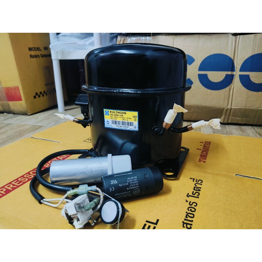 คอมตู้แช่ มือสอง ยี่ห้อ กุลธร รุ่น AE4459y ขนาด 1/2 แรง น้ำยา 134a ใช้กับ ตู้แช่ 2 ประตู ตู้แช่ 3 ปร