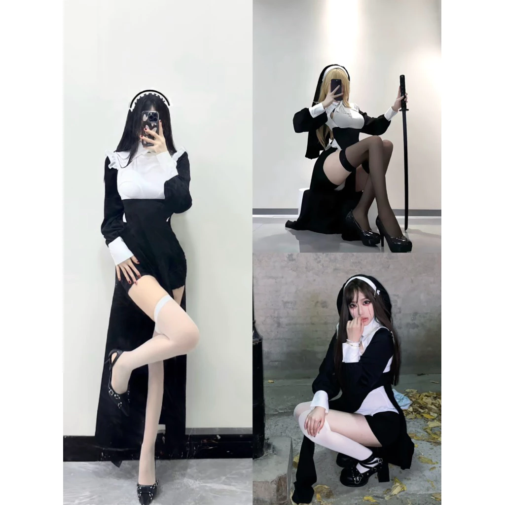Rt133 ร้านไทย🇹🇭 มีไซส์ S-2XL ชุดแม่ชีคอสเพลย์ผู้หญิงพร้อม ถุงน่อง+กางเกง cosplay costume ชุดคอสเพลย์แม่ชีฮาโลวีน
