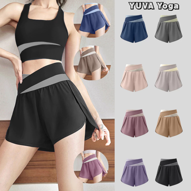 กางเกงออกกำลังกายขาสั้น ผู้หญิง สีทูโทน ยืดหยุ่น ไซส์ S-3XL
