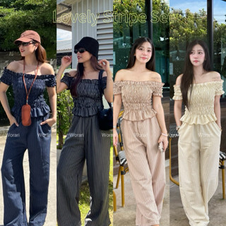 🌻Worari🌻ชุดเซตปาดไหล่สม็อค+กางเกงขายาวลายริ้ว