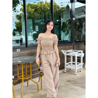 🌻Worari🌻ชุดเซตปาดไหล่สม็อค+กางเกงขายาวลายริ้ว