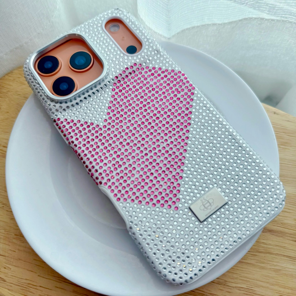 17/17pro/17promax/16/16pro/16promax เคสเพชรคริสตัล สีขาว หัวใจชมพู งานคลุมรอบ