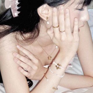 nice try studio - True Star Shiny Rings Set แหวนรูปดาวและพลอยสีชมพู กันน้ำ กันเหงื่อ ไม่ลอก ไม่ดำ