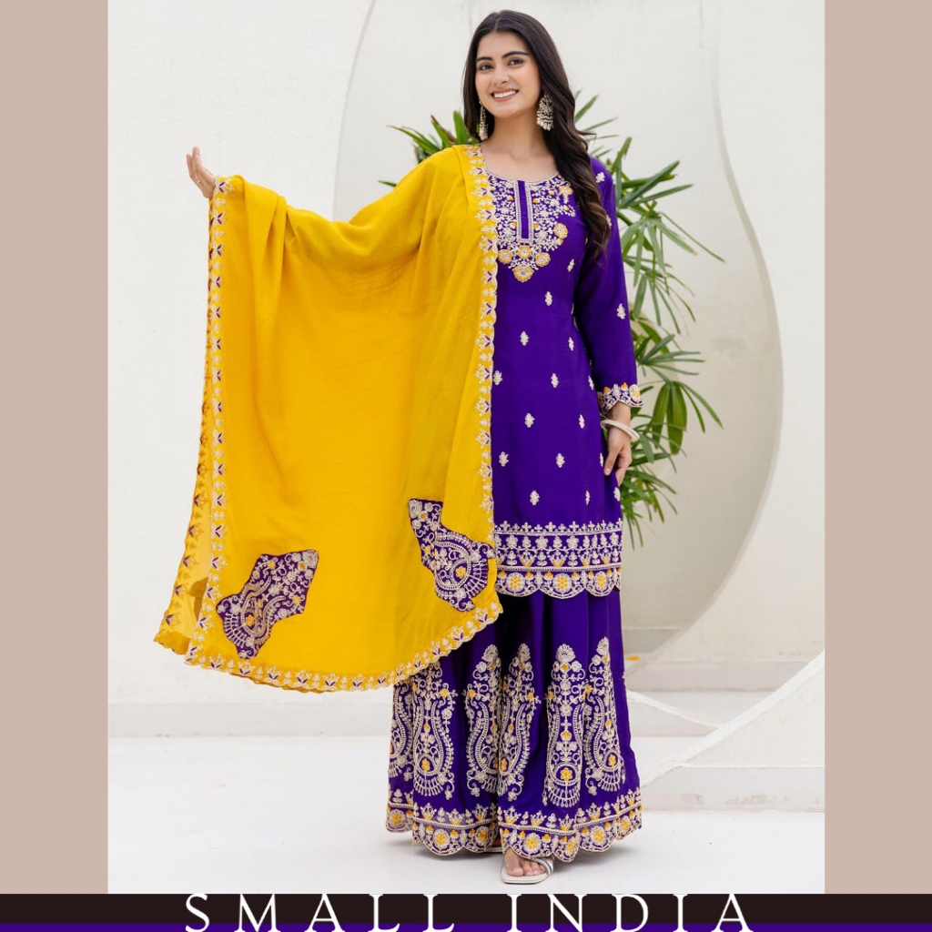 {**ส่งฟรี**} SMALL INDIA ✨🌷 Blockbuster Purple Chinon Silk Embroidery Suit Set ชุดเซ็ทเสื้อกางเกง ✨🌷 Women Suit Set