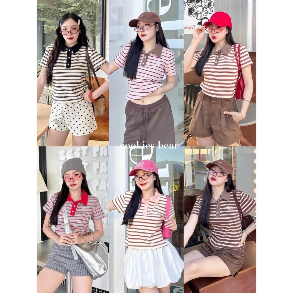 Y02 - Cookies Bear 🌹 เสื้อโปโลทรงใหม่ 🌸 งานเข้าเอวตัดปกขอบสลับสี 🍿
