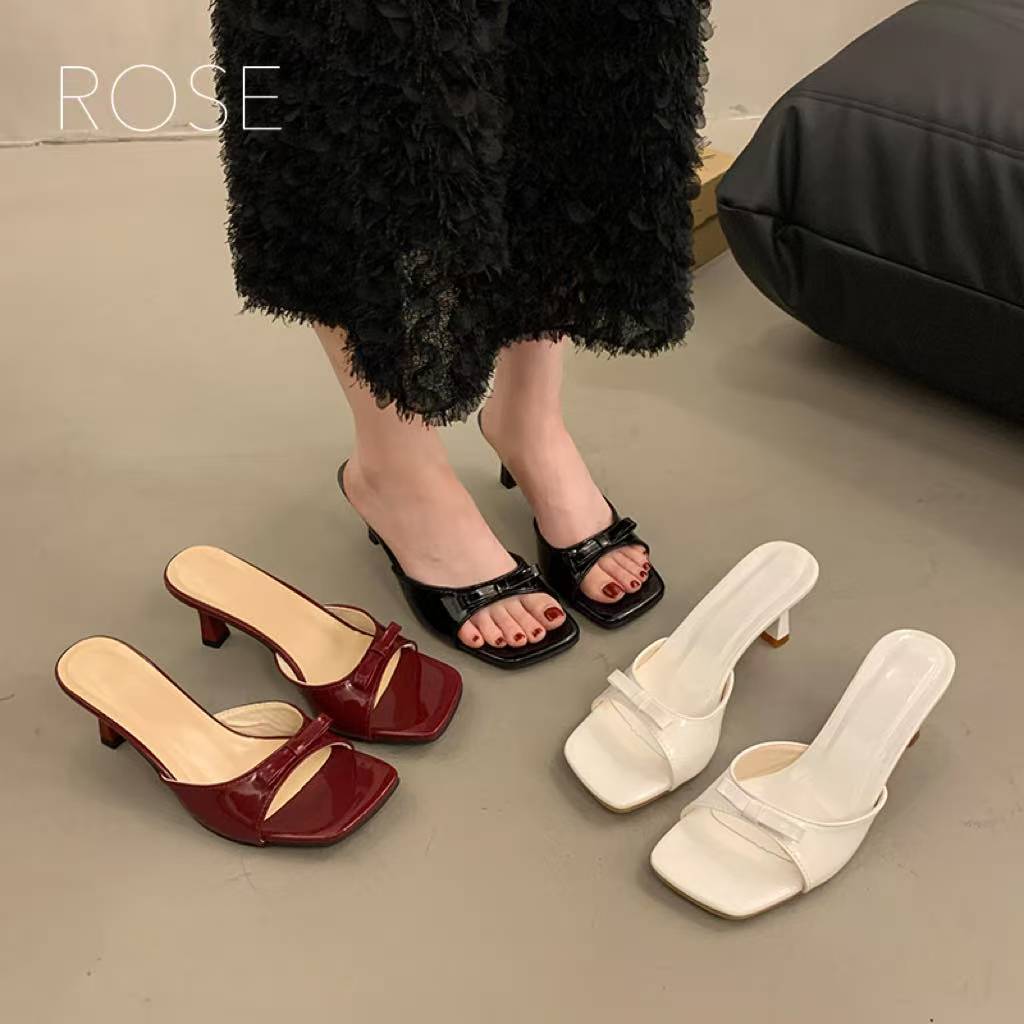 ROSEรองเท้าแตะส้นสูงแบบอเนกประสงค์สำหรับผู้หญิงพร้อมโบว์ 6.5cm
