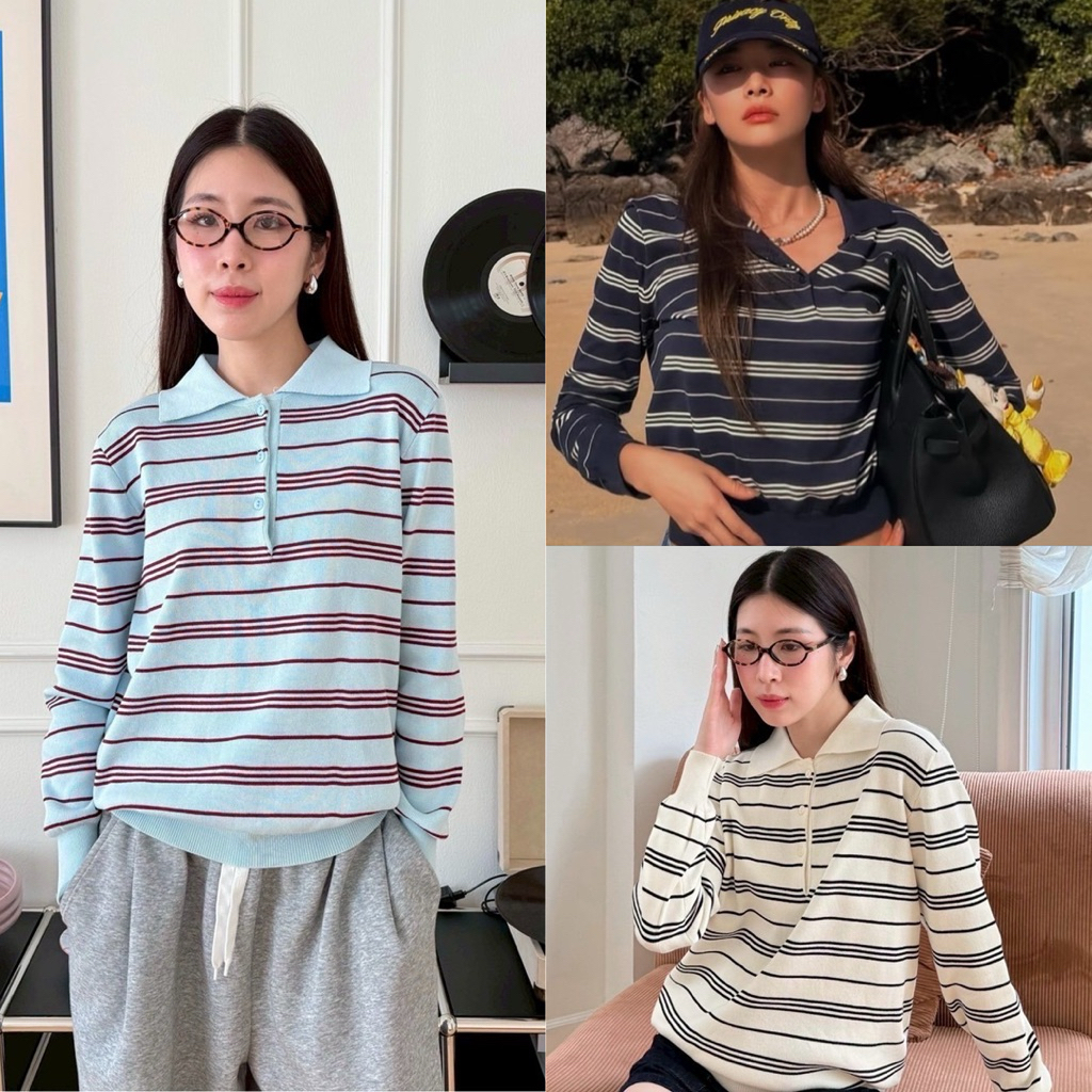 Polo Stripe Over size T-Shirt”  เสื้อคอปกผ้าลายเส้นแขนยาวลายทาง น่ารักเกาหลีมาก