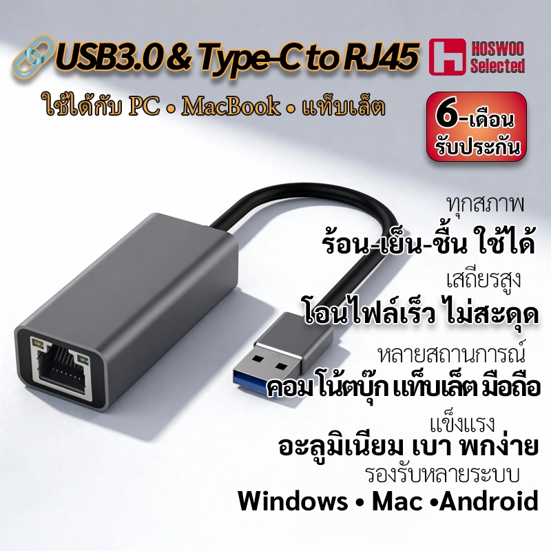 การ์ดเครือข่าย 100M USB3.0 แลนการ์ด แปลง USB เป็น RJ45 รองรับความเร็วสูง เสถียร ใช้ได้กับคอมพิวเตอร์ / โน้ตบุ๊ก / MacBoo