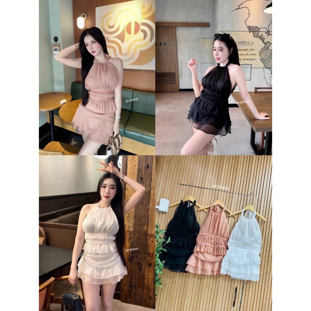 【BK BRAND】 BK 59234 เซ็ตคล้องคอผูกหลังกระโปรงชั้นระบายดึงยางหลังมีซับในซิปข้างผ้าแคนดี้