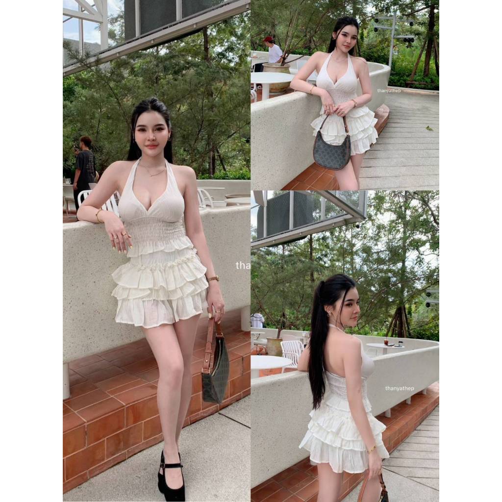 【THANYATHEP】 TYT 71071 เซท2ชิ้นแบบลูกคุณ เสื้อผูกคอสม้อคทั้งตัวมาพร้อมกปขนมชั้นซับในทั้งตัว ทรงสวย