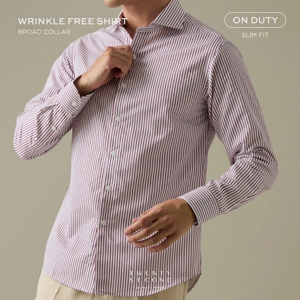 TWENTYSECOND เสื้อเชิ้ตแขนยาว ปกป้าน ทรง Slim fit  รุ่น Wrinkle Free Shirt - แดง / Stripe Red