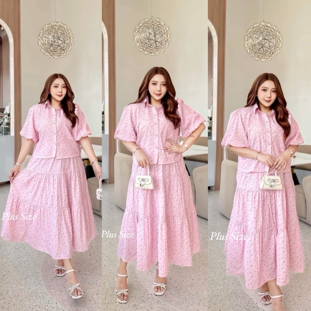 (NK) เซต2ชิ้น เสื้อแขนบอลลูน+กระโปรงยาว ผ้าลายดอกไม้ (อก40-60“) กระดุมดอกไม้ เสื้ิอผ้าสาวอวบอ้วน ไซส์ใหญ่