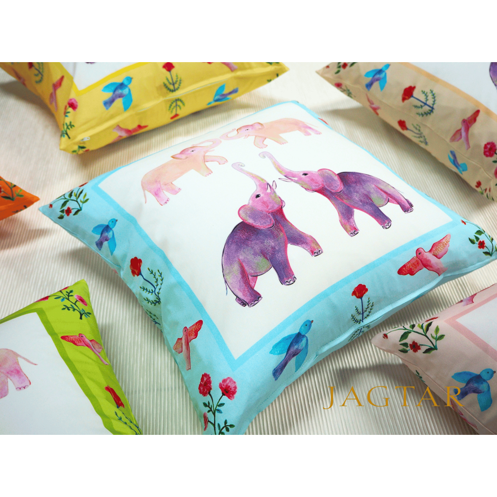 JAGTAR Elephant Handblock Cotton Cushion Cover 18"x18"