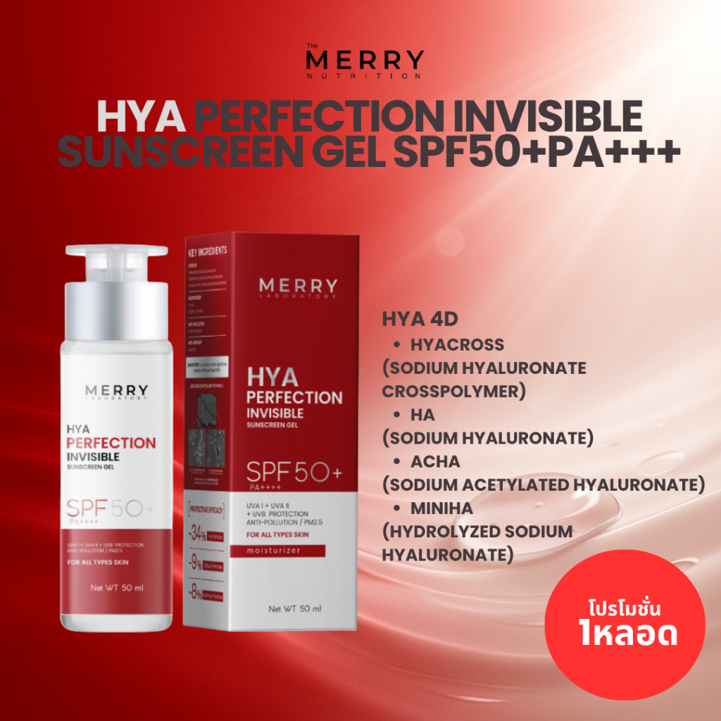 (เซ็ตสุดคุ้ม) กันแดดเพิ่มความชุ่มชื่มด้วยไฮยา  MERRY LAB HYA  Sunscreen gel SPF50+ PA++++ 50ml.