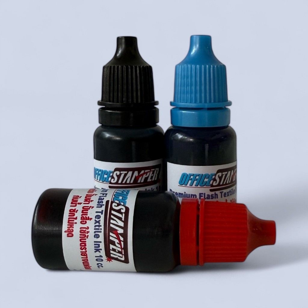 Flash Fabric Ink — หมึกแฟลชสำหรับปั๊มผ้าโดยเฉพาะ  ✨ ปั๊มคมชัด ซึมแน่น ติดทนนาน ไม่เลอะง่าย  🎨 มีให้เลือก 3 สี