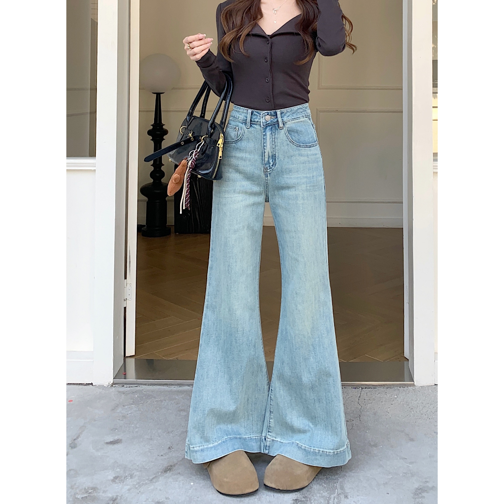 Beryl กางเกงยีนส์ขายาวทรงบานเอวสูงสไตล์เรโทรสำหรับผู้หญิงS-XL สไตล์เกาหลีเรียบง่าย สวมใส่สบาย - รูปที่ 2