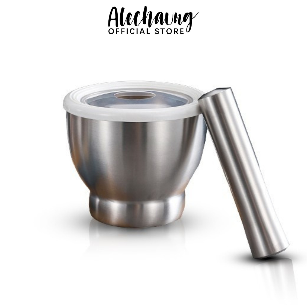 Alechaung ครกสแตนเลส สากสแตนเลส ครกเกาหลี Mortar stainless พร้อมฝากันกระเด็น ตำกระเทียม ตำพริก เครื่องเทศ