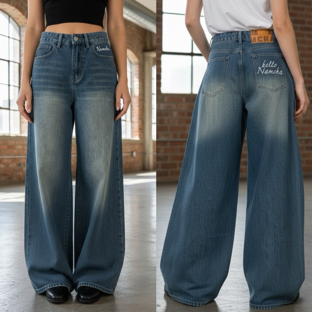 NAMCHA กางเกงยีนส์BAGGYเอวสูง เอวปักNAMCHA สียีนส์นัว 2920-1