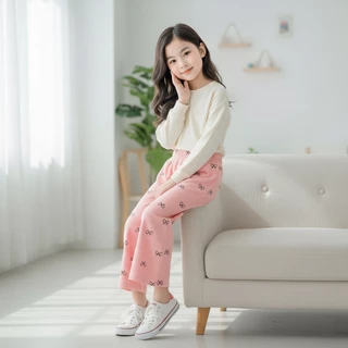 Babyonline(Y480)N5 (ส่งด่วน1วัน)กางเกงขายาวแฟชั่นสำหรับเด็กผู้หญิงลายโบว์น่ารัก ผ้านิ่ม ใส่สบาย